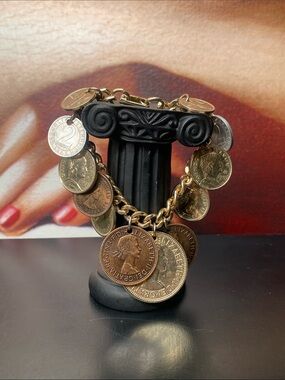 🍇Vintage Coin Charm Bracelet British One Penny Coins and Nautical Ship Designs